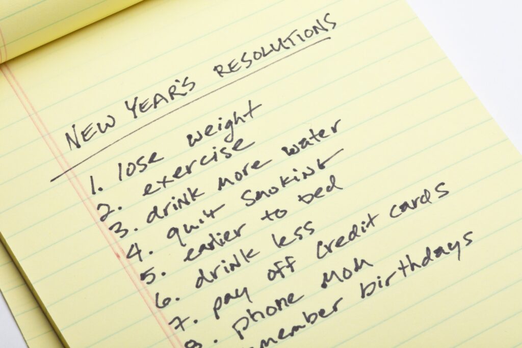 A yellow note with new year 's resolutions written on it.